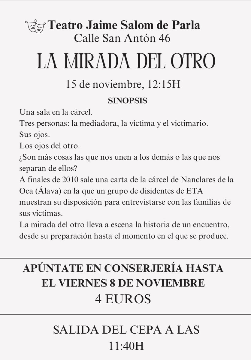 🎭¡Nos vamos al teatro!

Será el viernes 15 de noviembre en el #TeatroJaimeSalom de #Parla. Veremos la función #LaMiradaDelOtro, un espectáculo sobre la reconstrucción de la convivencia, la mediación, la justicia y la memoria.

¡Apúntate en conserjería hasta el 8 de noviembre!