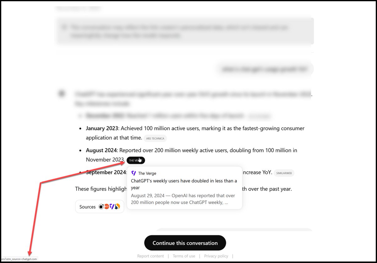 If you look closely, you'll see what <a href="/alisa_scharf/">Alisa Scharf Londres</a> found today...maybe if a company is partnered with Open AI, their links gets a UTM code, so that partner can better track their visibility? I don't think there's an official partnership tho.

Great catch Alisa!!