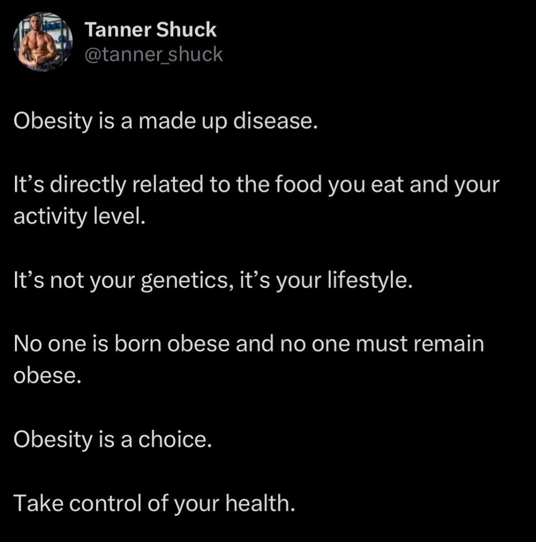 HumanNutriLife's tweet photo. I couldn't agree more. Not only obesity, but even just carrying excess body fat, not achieving your goals and being of ill health, are all the same. 

It's a nutrition &amp; lifestyle choice!

#nutrition #lifestyle #health #obesity #habits #goals https://t.co/VeUDCRIW6t