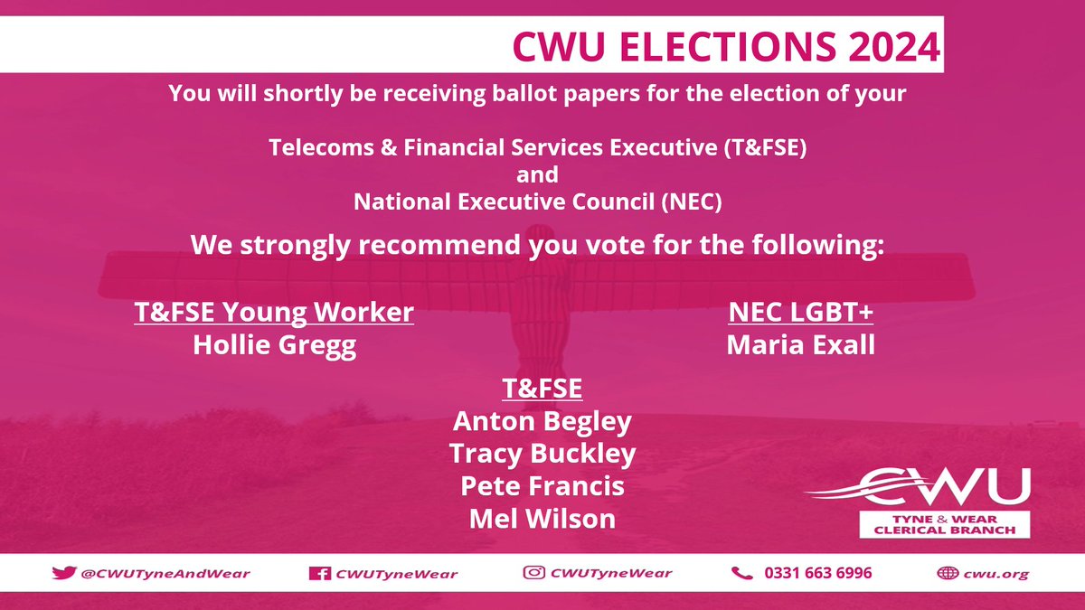 MEMBERS - if you have received a ballot paper, below are the candidates we feel would best represent you nationally.

Please USE YOUR VOTE and vote for the names below!

#CWUandProud
