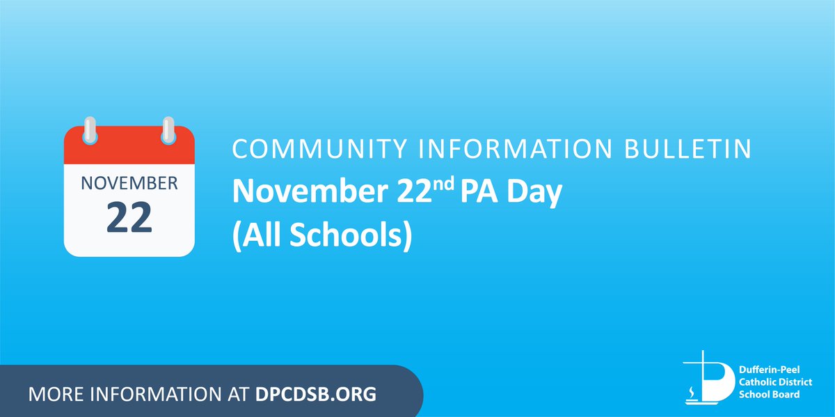 Friday, November 22, 2024, is a Professional Activity Day for all DPCDSB elementary and secondary schools.

As per the Education Act R.R.O. 1990, Regulation 304, details about PA days will be made available to parents/guardians.

➡More information: dpcdsb.info/PADay-Nov22