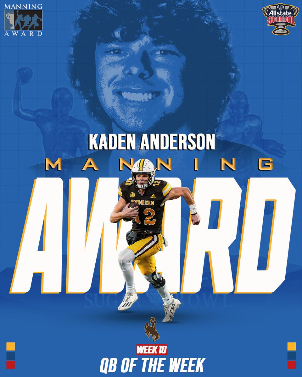 Week 🔟 #ManningAward 𝙌𝘽 𝙤𝙛 𝙩𝙝𝙚 𝙒𝙚𝙚𝙠

🏆  Kaden Anderson, Wyoming

20-of-29, 341 total yards, 4 TDs, 1 INT, QBR: 77.4