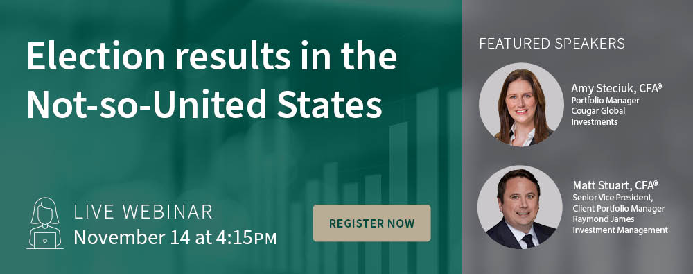 CougarGlobal's tweet photo. LIVE WEBINAR: Election results in the not-so-United States.

Join us at 4:15 p.m. (Eastern) on Nov. 14 as Cougar Global Portfolio Manager Amy Steciuk, CFA, explores the investment implications of what could be a messy end to 2024. Register here: https://t.co/66Uka6NC2X https://t.co/0egvPU6Mde