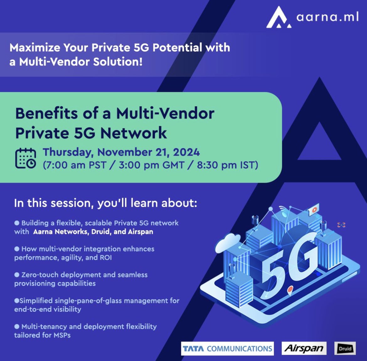 AirspanNetworks's tweet image. Join us tomorrow for an exclusive webinar, Benefits of a Multi-Vendor Private 5G Network, with insights from #Airspan, @druid_software, and @aarnanetworks. Discover a flexible, cost-efficient 5G blueprint to optimize operations and maximize ROI.

bit.ly/3YGR9Ic