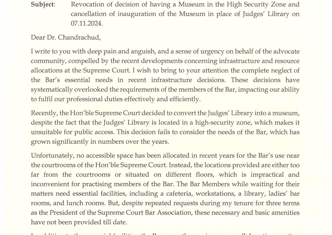 Bar and Bench (@barandbench) on Twitter photo Senior Advocate Vikas Singh writes to CJI DY Chandrachud to revoke the decision of having a Museum in the High Security Zone and cancel the inauguration of Museum in place of Judges' Library slated to be held tomorrow #SupremeCourtofIndia Senior Advocate Vikas Singh writes to CJI DY Chandrachud to revoke the decision of having a Museum in the High Security Zone and cancel the inauguration of Museum in place of Judges' Library slated to be held tomorrow #SupremeCourtofIndia