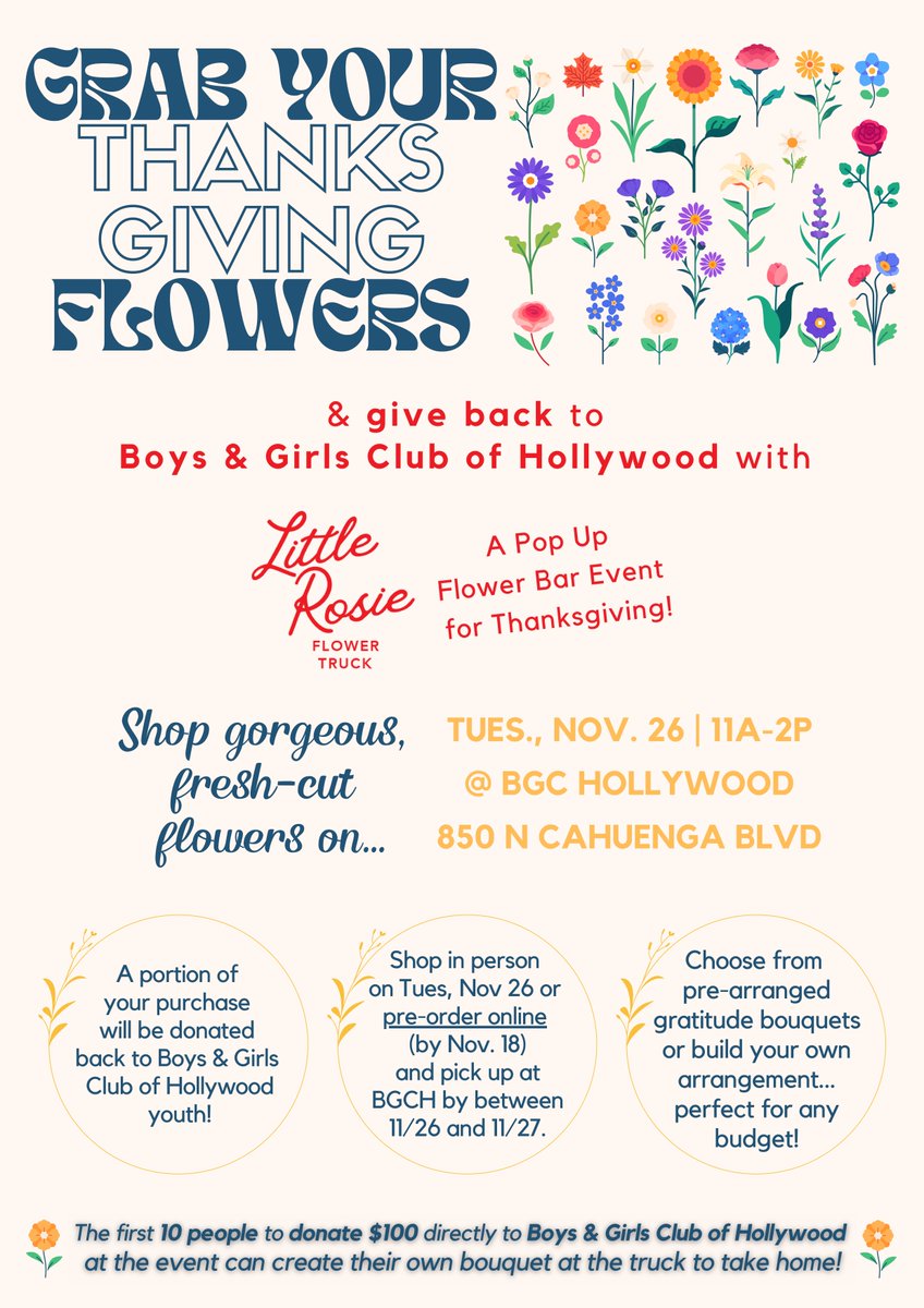 HMDBID's tweet image. Grab a gorgeous bouquet of flowers 💐 for Thanksgiving AND give back to @bgch_kids.

1️⃣ Pre-order online now until Monday 11/18 (link above or visit littlerosieflowertruck.com/bgcnov2024) OR
2️⃣ Arrange a bouquet in-person from the flower truck on Tues 11/26 at Boys &amp;amp; Girls Club of Hollywood