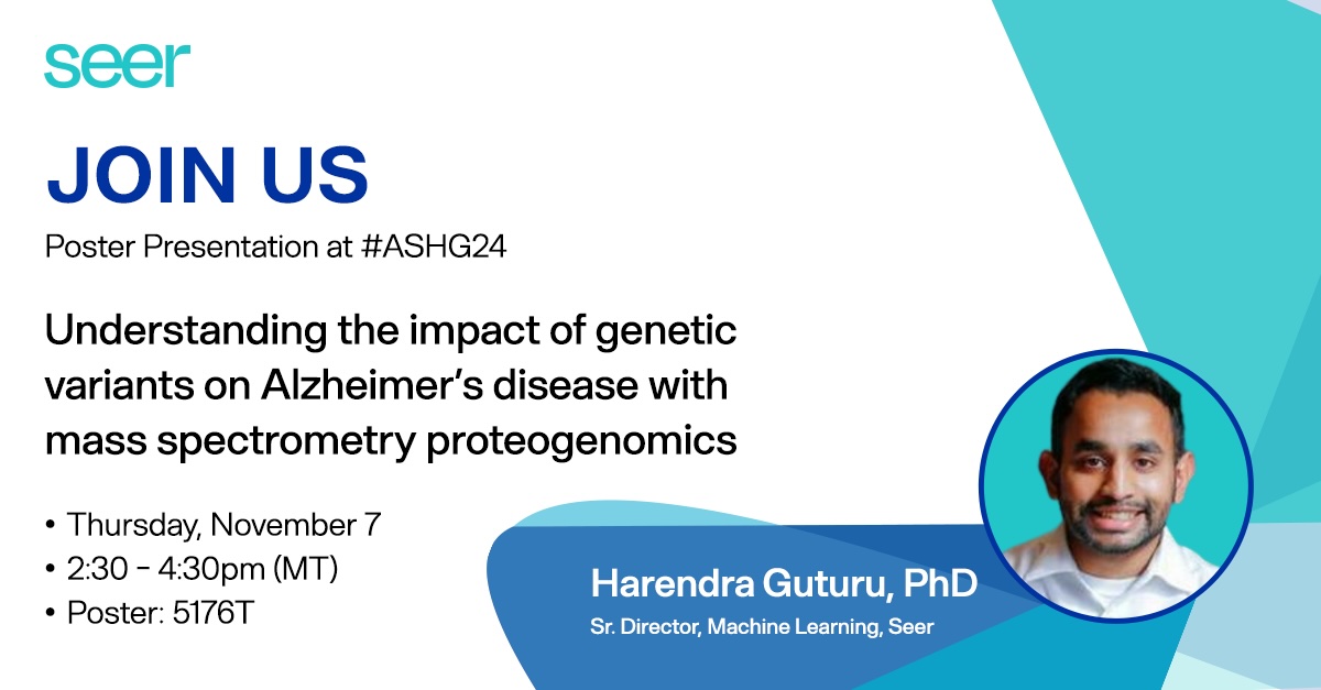 seer_bio's tweet photo. Proteogenomics may provide novel insights into Alzheimer’s disease pathophysiology. Join us #ASHG24 as Harendra Guturu shares a study examining the impact of genetic variation on protein abundance to reveal the potential functional implications in AD. 
​https://t.co/LCH5TzXTHy https://t.co/3h6ah6kI2j