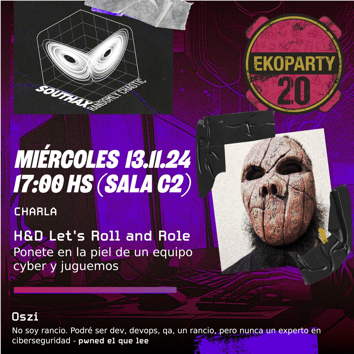 southaxteam's tweet photo. Te gustan los juegos de Rol? Queres jugar a uno de Ciberseguridad?
Venite a la @ekoparty y jugá con @_oszi_ https://t.co/nWaJOrQlO0