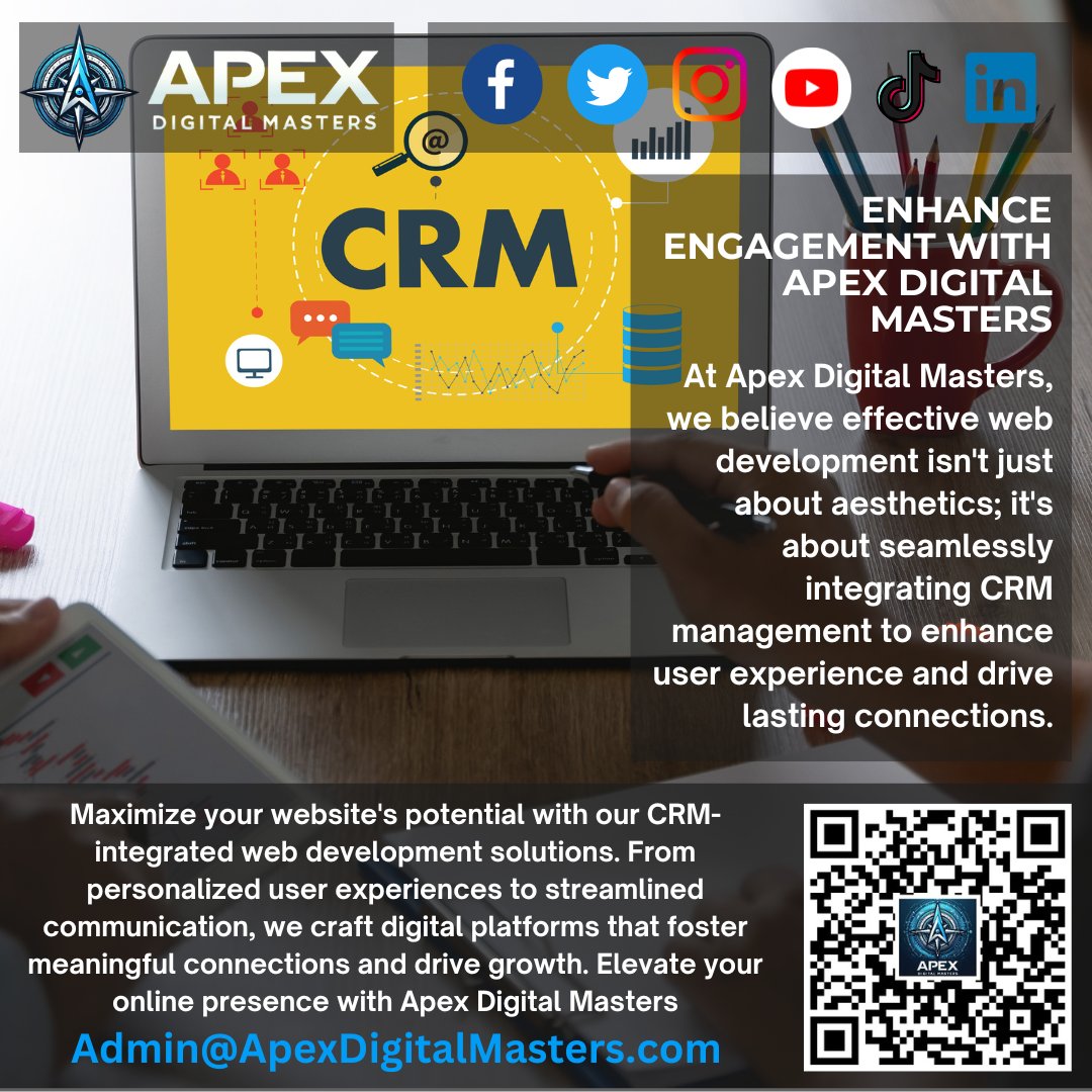 Apex_Dig_Master's tweet image. Forge lasting connections with APEX Digital Masters! Our CRM solutions streamline customer interactions, personalize experiences, and drive loyalty. Elevate your customer relationships today. #CRM #DigitalMasters #apexdigitalmasters #customerrelationshipmanagement #crm2024