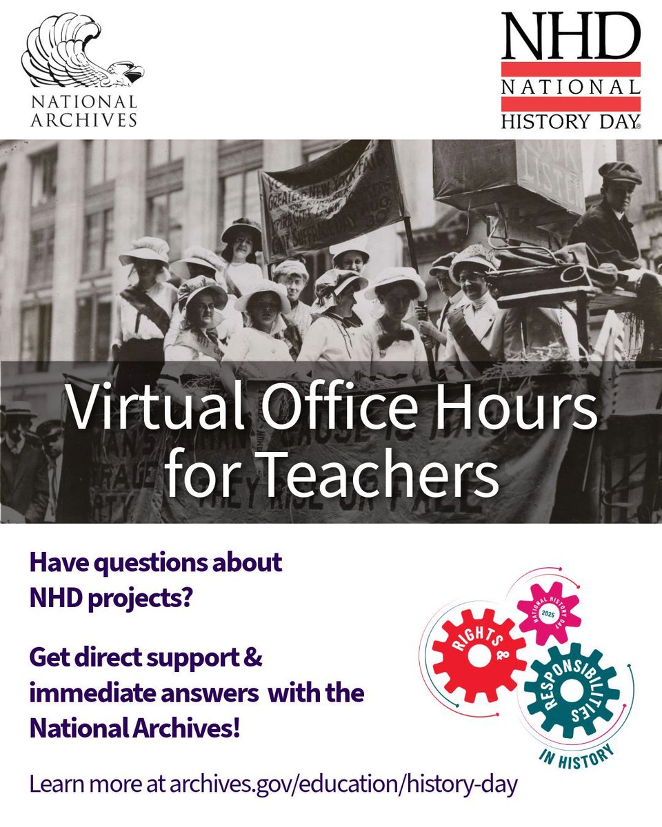 Hey teachers: Do you have questions about NHD? The <a href="/USNatArchives/">U.S. National Archives</a> hosts monthly office hours to offer support and answer questions about NHD. Nov. office hours are TOMORROW 11/7 from 6-7pm ET, with more sessions coming up on 12/6, 1/8 &amp; 2/4. Learn more at archives.gov/education/hist…!