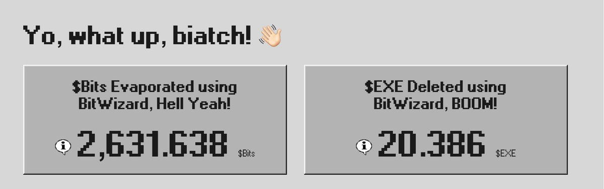 Breaking_Bits's tweet photo. Less than a week in....And #BitWizard has already evaporated over 2,631 $BITS & 20 $EXE
POOOF GONE!! 🔥🔥
That's just the start....This fire’s UNSTOPPABLE!! 🔥
READY TO FUEL THE FLAMES?
https://t.co/5eATjWrWA3 https://t.co/Vp97Pq3Bhl