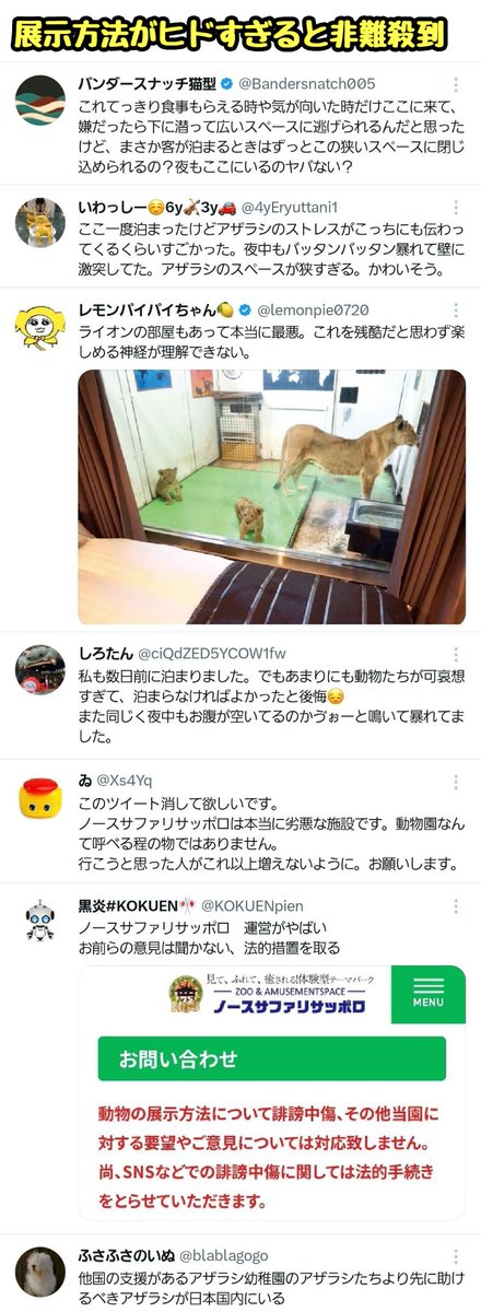 tkzwgrs's tweet photo. X民「“アザラシと泊まれるコテージ”に泊まってきた！」
↓
北海道札幌市の動物体験型テーマパーク“#ノースサファリサッポロ”の宿泊客のポストが話題に
↓
アザラシをはじめ各動物たちの展示方法が物議を醸す
↓
施設運営「展示方法への意見は要りません。場合によっては法的措置を取ります」(今ここ) https://t.co/Dbhxqkw8gK