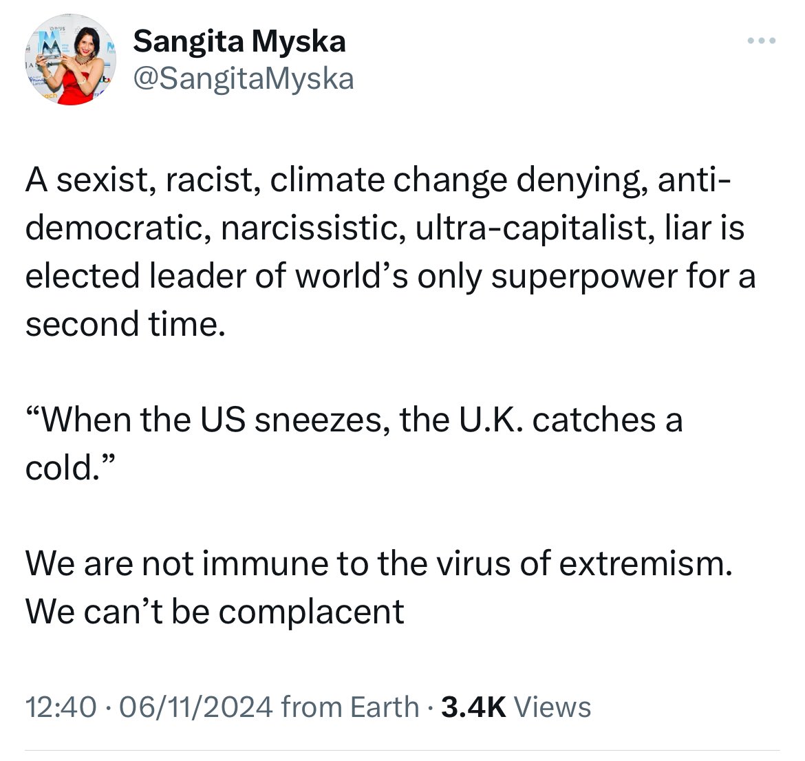 SangitaMyska's tweet photo. I appear to have touched a nerve of the ‘Editorial Director of the IEA’, based at 55 Tufton Street who has taken offence at my factual description of Trump as a climate change denying liar etc, and my warning it will embolden  the hard right here.. 

My. Work. Is. Done. https://t.co/0rLWT54ba6