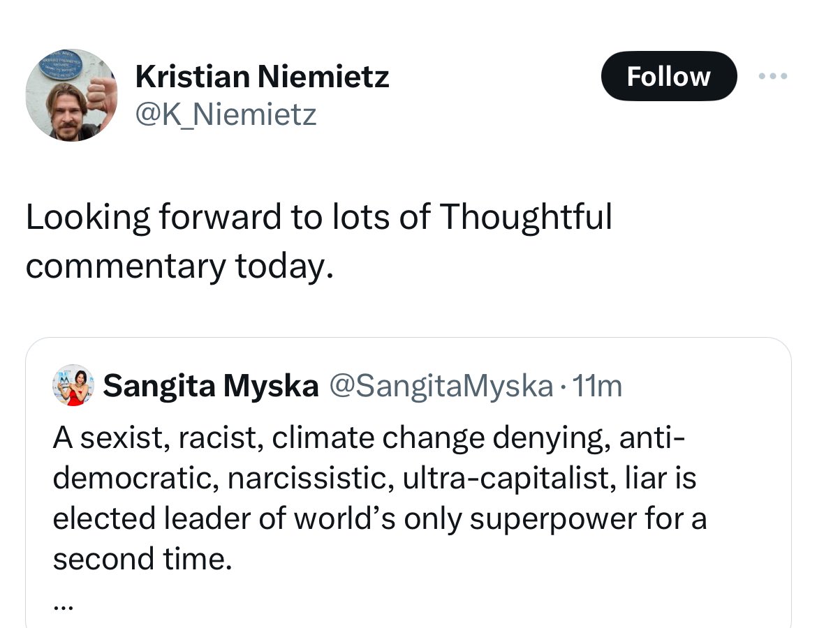 SangitaMyska's tweet photo. I appear to have touched a nerve of the ‘Editorial Director of the IEA’, based at 55 Tufton Street who has taken offence at my factual description of Trump as a climate change denying liar etc, and my warning it will embolden  the hard right here.. 

My. Work. Is. Done. https://t.co/0rLWT54ba6