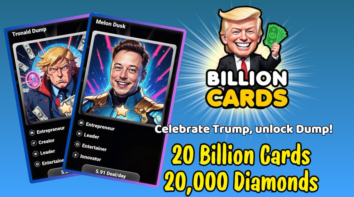 billion_cards's tweet photo. 🎉 Giveaway Alert! 🎉

Pool: 10 Tronald Dump Cards + 10 Melon Dusk Cards + 20,000 Diamonds!

To qualify:
1️⃣ Like & RT this post
2️⃣ Comment your Telegram ID on this post

🎁 Prizes:

✅10 winners get a Tronald Dump Card each
✅10 winners get a Melon Dusk Card each
✅10 more winners receive 2,000 Diamonds each!

Note: 
- Winners will be selected randomly
- End time: 13:00 UTC Nov 8
- Reward will be distributed within 48h after game officially goes live at 13:00 UTC Nov 8!

Celebrate Trump, unlock Dump! 🚀💎 Good luck, hunters!

#BillionCards #Giveaway #TronaldDump