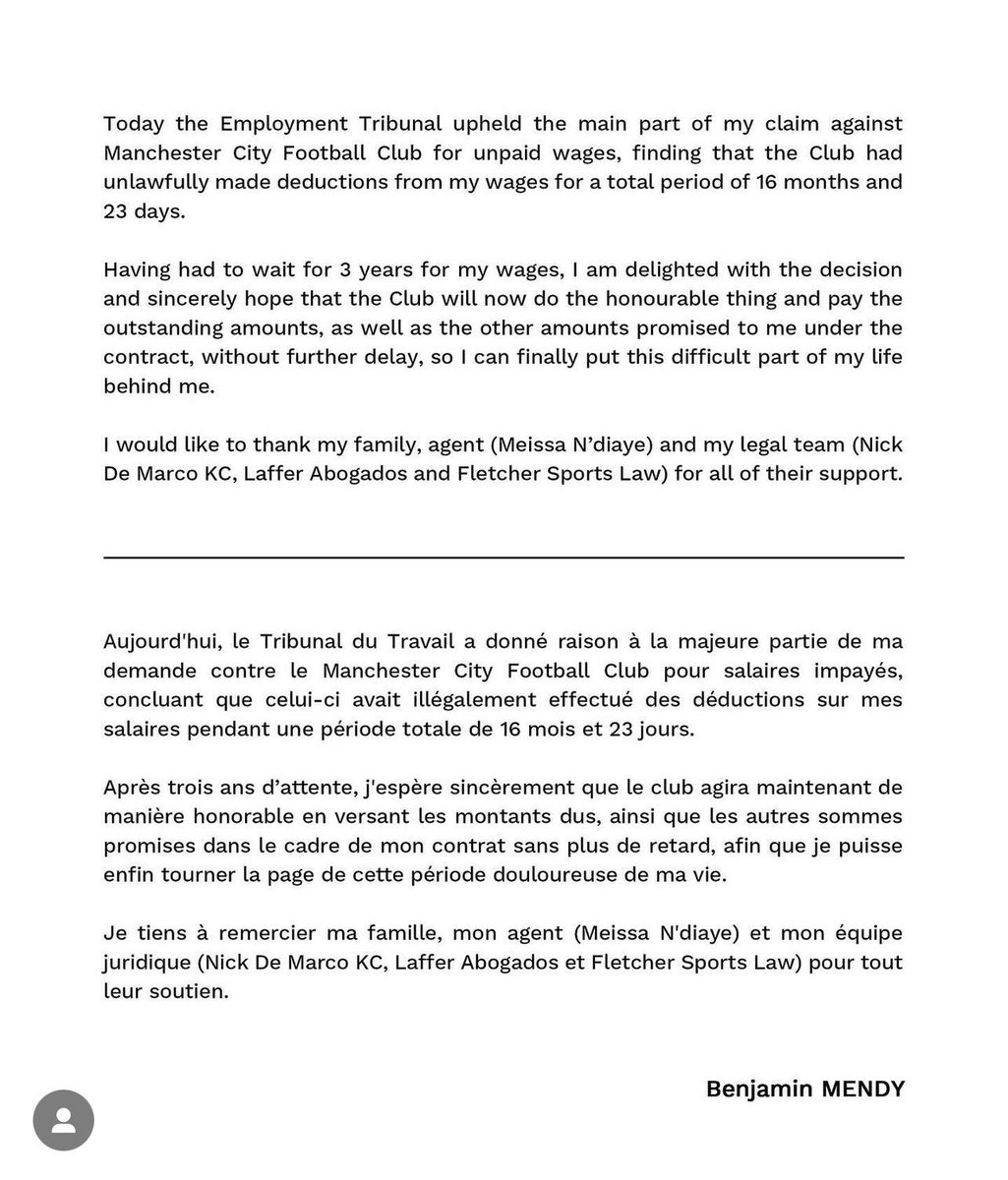 🚨⤵️ Official statement by Benjamin Mendy.