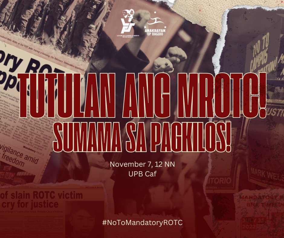 anakbayanupb's tweet photo. MILITAR SA PAMANTASAN, PALAYASIN! NO TO MANDATORY ROTC!

Noong Sept. 30, insiniwalat ni Senate Majority Floor Leader Francis Tolentino na tinalaga nang “urgent” ni Marcos Jr. ang pagpapasa sa MROTC. https://t.co/CciJQzBfWz