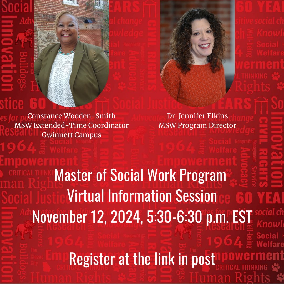 Join the MSW Program Director, MSW Extended-Time Coordinator, and MSW Admissions Coordinator for a virtual session about the UGA MSW program options, specializations, application process, and resources. Nov. 12, 2024, 5:30 pm–6:30 pm EST Register: forms.office.com/Pages/Response…