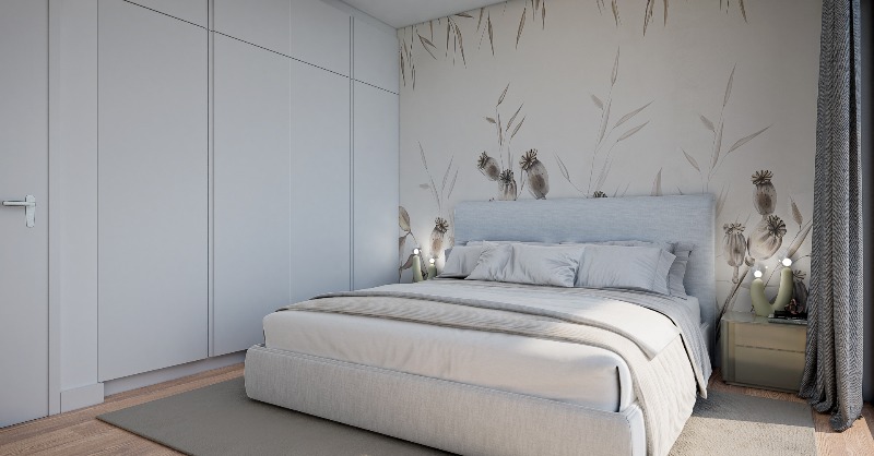 hgdesign3D's tweet photo. Quarto decorado com papel de parede floral em tons neutros, criando um ambiente minimalista e acolhedor. Visualização 3D que destaca a elegância do design. 🛏️🌸 #Arquitetura #3DVisualization https://t.co/NhQFUN1zIp