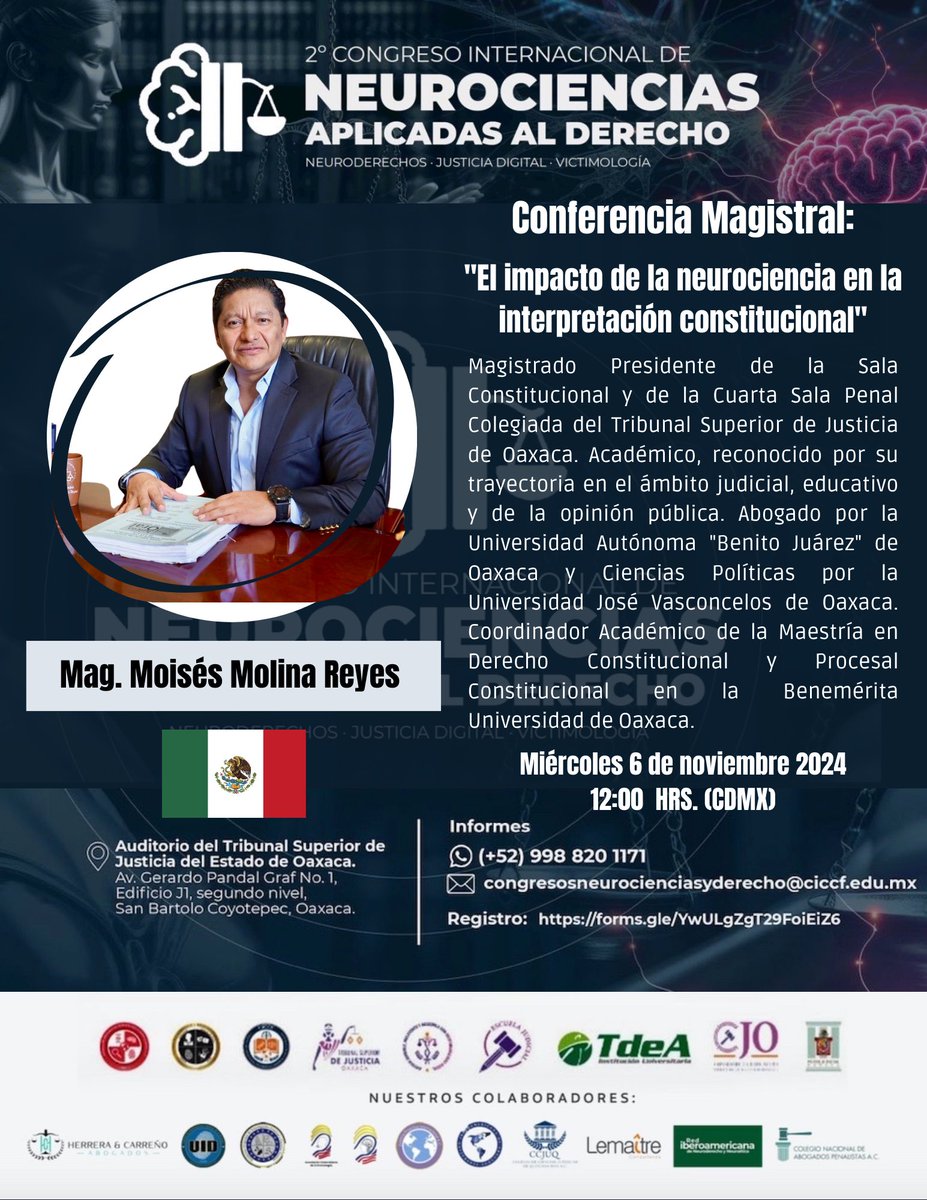 II Congreso Internacional de Neurociencias Aplicadas al Derecho, la Ley y la Justicia

Programa: fundacionfnad.org/congreso-2024

REGISTRO: forms.gle/YwULgZgT29FoiE…
INFORMES: congresosneurocienciasyderecho@ciccf.edu.mx

Ponentes 👇🏼👇🏼👇🏼