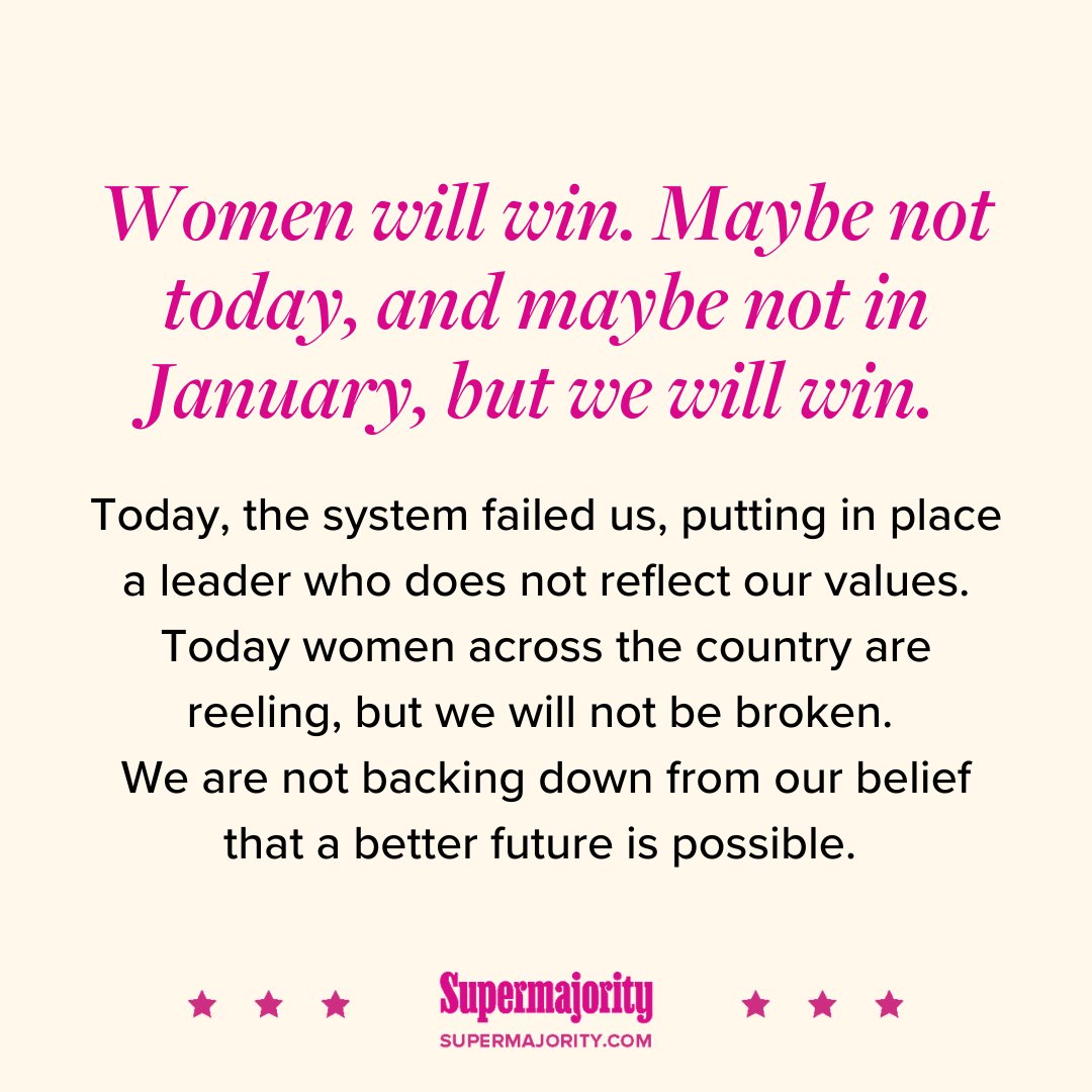 supermajority's tweet image. If you are reeling this morning, you are not alone. Take the time you need to grieve this moment, because we need you. The work doesn't stop, and neither does the joy for the world we are building together. Let's talk about where we go from here. RSVP now: bit.ly/4elsDB1