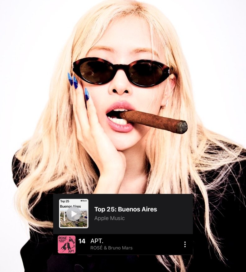 ROSEArgentinaa's tweet photo. 'APT.' de #ROSÉ y #BrunoMars sube +2 puestos, ubicándose en el puesto #14 del Top 25 Buenos Aires en Apple Music Argentina 🇦🇷
ROSÉ IS ON TOP
#ROSExPaperMagazine https://t.co/Zp0l5Ckny7