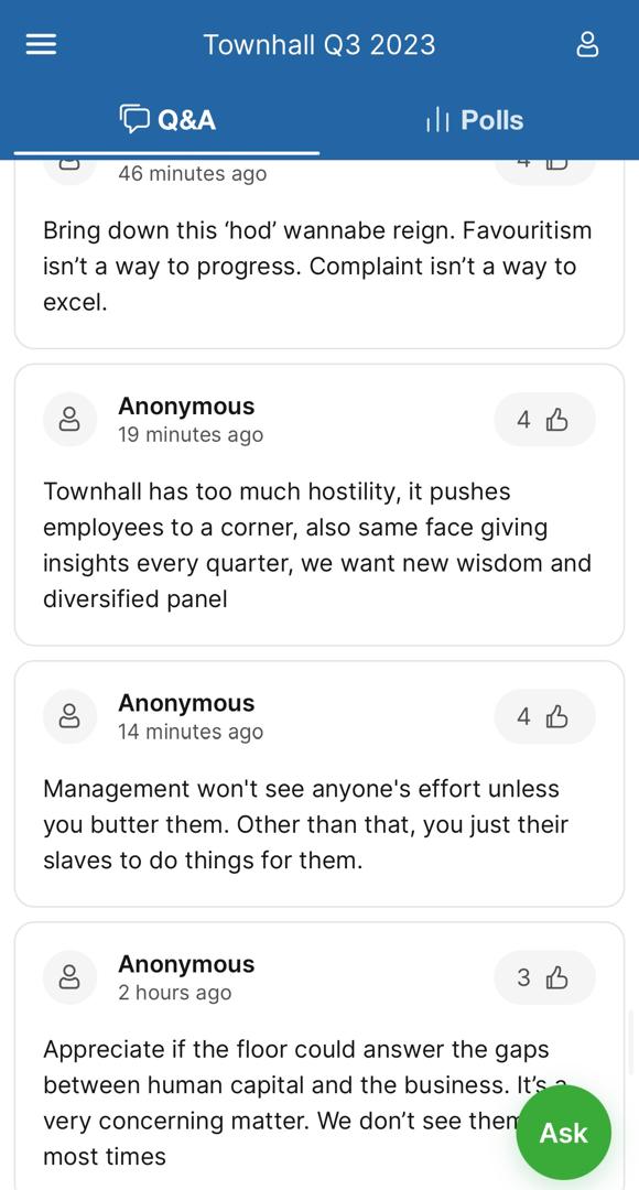 FreeMsian's tweet photo. Questions in Slido during a Townhall 
meeting of Aerodyne staff is wild. https://t.co/2MSpSakcgM