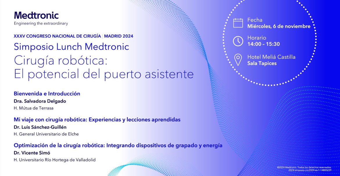 Luis Sánchez-Guillén (@luissanchezglln) on Twitter photo 🤖 Si estás interesado en la cirugía robótica no te pierdas el Simposio Lunch de <a href="/MedtronicES/">Medtronic España</a>
- La implantación robótica
- Robótica híbrida con puerto asistente
- Formación en robótica
A las 14:00 en la Sala Tapices
Te esperamos! 👇 🤖 Si estás interesado en la cirugía robótica no te pierdas el Simposio Lunch de <a href="/MedtronicES/">Medtronic España</a>
- La implantación robótica
- Robótica híbrida con puerto asistente
- Formación en robótica
A las 14:00 en la Sala Tapices
Te esperamos! 👇