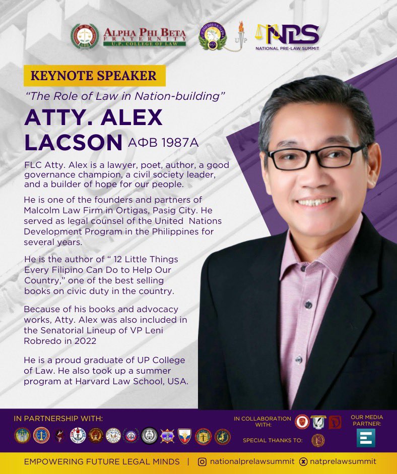 natprelawsummit's tweet photo. The #NPLS2024 proudly presents FLC Atty. Alex Lacson AΦB 1987A as one of our Keynote Speakers. As a lawyer, author, a good governance champion, and a civil society leader, FLC Atty. Alex will be tackling the role of law in nation-building.

Join us in #EmpoweringFutureLegalMinds! https://t.co/TN6aNLfGEJ