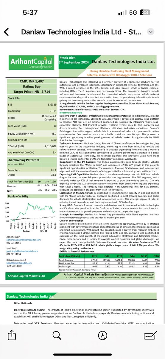 Danlaw India covered by Arihant Capital Today.
M&amp;M for V2V, V2X is a big update.
Check annual report for update on smart city. PoC and demo for govt and authorities done.
5G is a key enabler for the company.
The shifting from data loggers to V2X (in telematics) will be a big