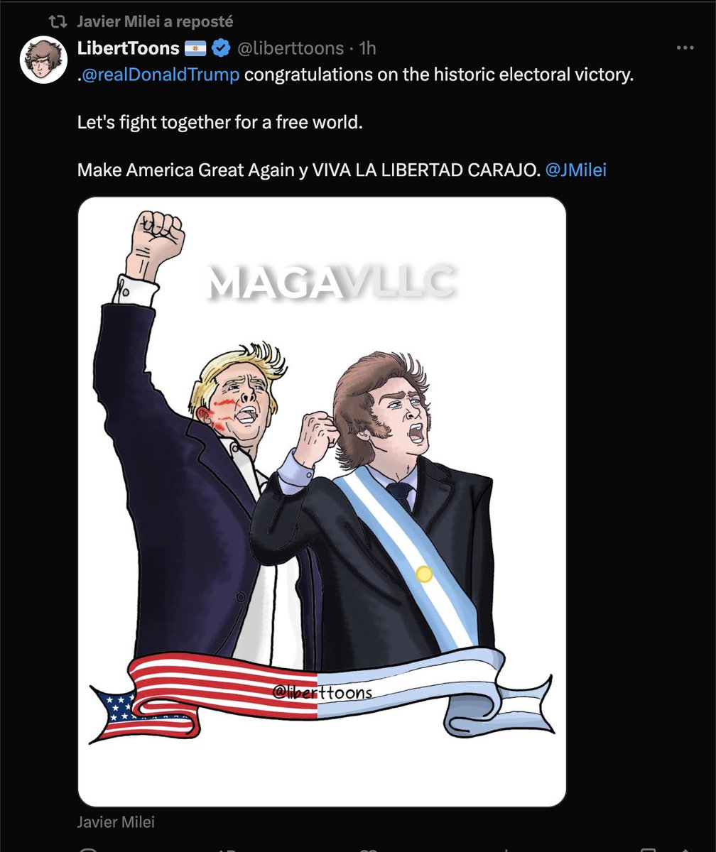 fabienpalem's tweet photo. En, Argentine le pdt @JMilei célèbre l'élection de @realDonaldTrump aux États-Unis. Sa proximité avec @elonmusk le rapproche un peu plus du président US. L'ARG de Milei espère devenir le 1er interlocuteur régional et recevoir + d'investissements, ds une AmLat à gauche (en rouge) https://t.co/oghp2caHRM