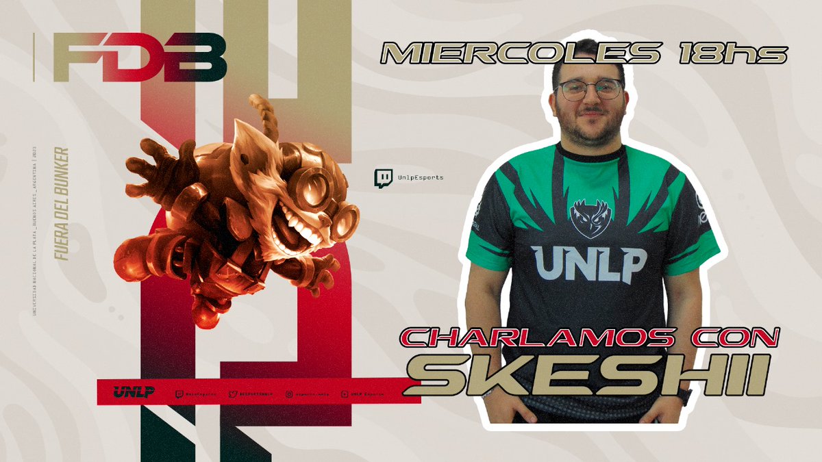 👋 Nueva edición de Fuera Del Bunker, como invitado del día de hoy <a href="/Skeshii1/">Skeshii</a> 
📷Te esperamos a las 18hs por nuestro canal de Twitch: 
twitch.tv/unlpesports