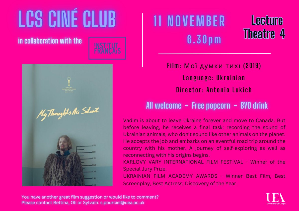 Languages @ UEA (@languages_uea) on Twitter photo 🎥 Next Monday LCS Ciné Club is back with Ukranian Language film ‘My Thoughts are Silent’. Join us at 6.30pm on 11 Nov in LT4. All welcome. Free popcorn! 🍿 BYO drink <a href="/FTM_UEA/">Film TV & Media UEA</a> 🎥 Next Monday LCS Ciné Club is back with Ukranian Language film ‘My Thoughts are Silent’. Join us at 6.30pm on 11 Nov in LT4. All welcome. Free popcorn! 🍿 BYO drink <a href="/FTM_UEA/">Film TV & Media UEA</a>