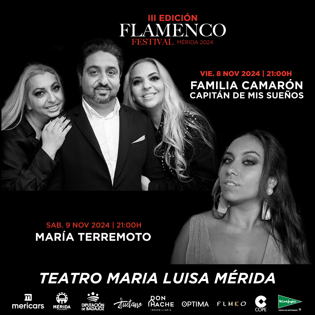 💃¡Esta semana doble sesión de flamenco en el Teatro Maria Luisa de #Merida!💃
🗓️Viernes 8/11-21:00 h. La 𝐅𝐚𝐦𝐢𝐥𝐢𝐚 𝐂𝐚𝐦𝐚𝐫𝐨́𝐧
🗓️Sábado 9/11- 21:00 h. 𝐌𝐚𝐫𝐢𝐚 𝐓𝐞𝐫𝐫𝐞𝐦𝐨𝐭𝐨
🎟 Entradas físicas en Viajes El Corte Inglés y online: elcorteingles.es/entradas/conci… #flamenco