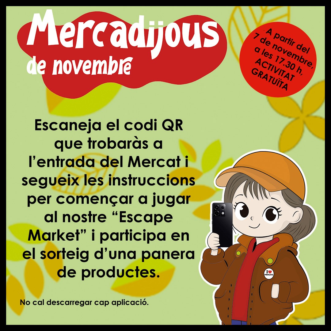 🔎T’atreveixes a descobrir tots els secrets del Mercat?🔎
Durant tot el mes de novembre podràs participar en el nostre Escape Room interactiu, que et portarà a recórrer el Mercat mentre resols emocionants desafiaments.

🔗 Inscripcions a​ bit.ly/4fyIWeO