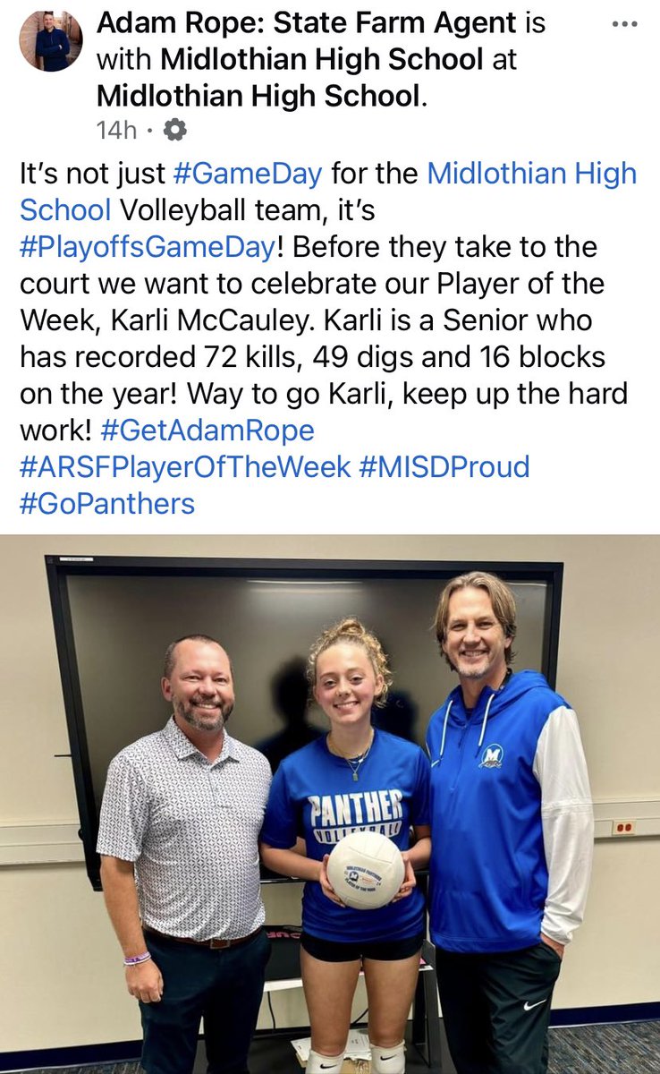 Congrats to Karlie McCauley for getting the Adam Rope State Farm Volleyball Player of the Week! 💙🏐