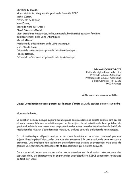 Kloe's tweet image. #EauPotable

Avec plusieurs élus du département 44, nous demandons au @Prefet44 une prolongation de la consultation publique pour la protection du captage d&apos;eau potable de Nort-sur-Edre.  

Les élus et citoyens doivent pouvoir être pleinement associés aux débats⤵️