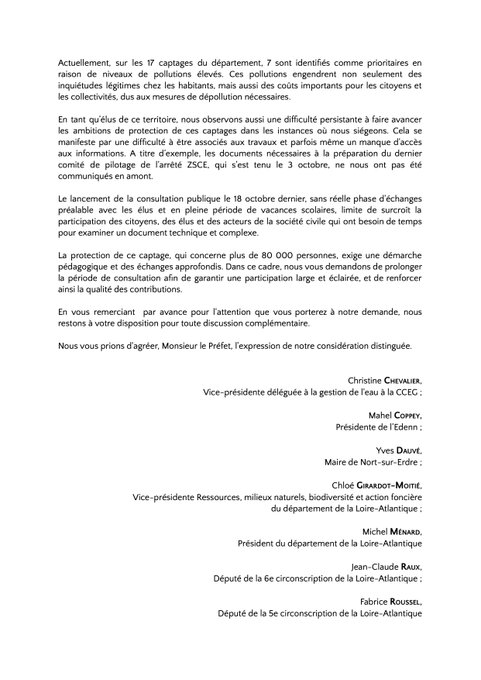 Kloe's tweet image. #EauPotable

Avec plusieurs élus du département 44, nous demandons au @Prefet44 une prolongation de la consultation publique pour la protection du captage d&apos;eau potable de Nort-sur-Edre.  

Les élus et citoyens doivent pouvoir être pleinement associés aux débats⤵️