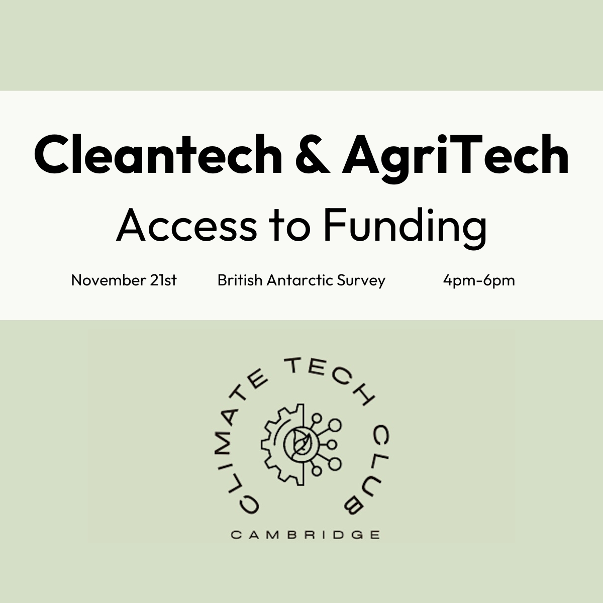 Book tickets for the November Climate Tech Club now! The theme this month is 'Cleantech &amp; AgriTech: Access to Funding'

This LAST Climate Tech Club of the year will be hosted at British Antarctic Survey on November 21.

🎫: tinyurl.com/CTC-Nov-24