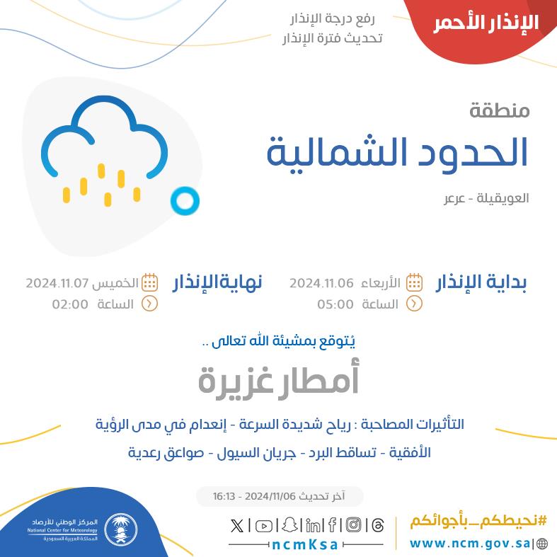 الإنذار الأحمر - #منطقة_الحدود_الشمالية - #العويقيلة #عرعر  

للتفاصيل  ncm.gov.sa/ar/alert/pages… 

#الإنذار_المبكر #طقس_السعودية
#المركز_الوطني_للأرصاد