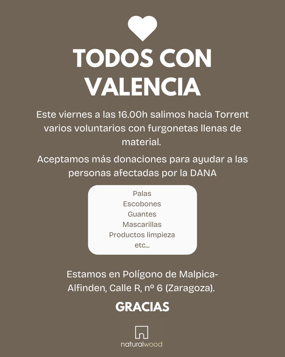 NaturalWoodSL's tweet photo. ❤️ Todos con Valencia

Este  viernes a las 16.00h salimos hacia Torrent con nuestras furgonetas cargadas de material. Las personas afectadas por la DANA en Valencia  necesitan todo nuestro apoyo.

📍Punto de recogida Polígono de Malpica-Alfinden, Calle R, nº 6 (Zaragoza) 9h-15h https://t.co/GWwsoLVj8V