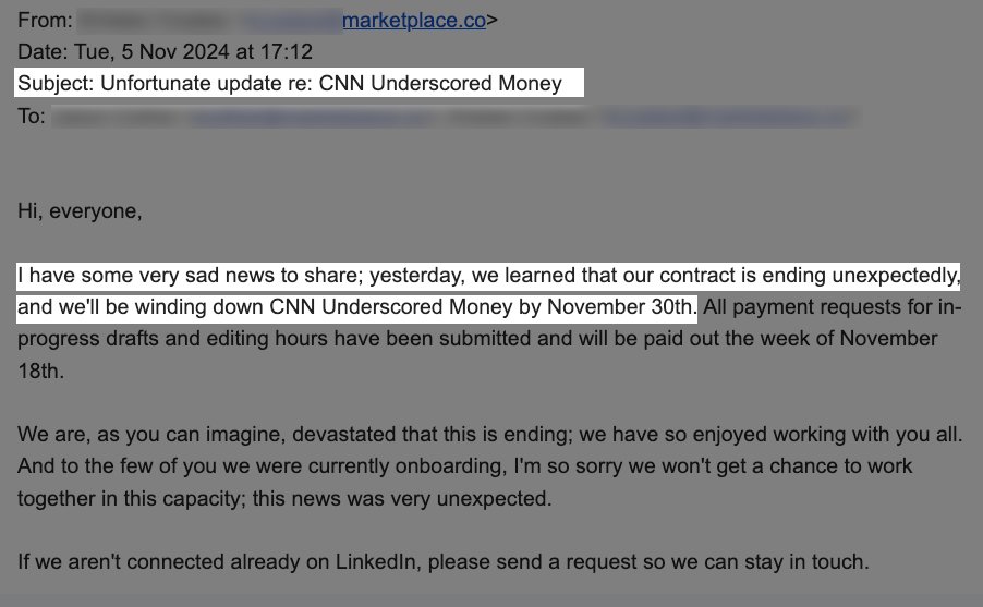 Whoa, this is huge SEO news. An anonymous source told me that CNN Underscored is SHUTTING DOWN. 

Attached is the redacted email: