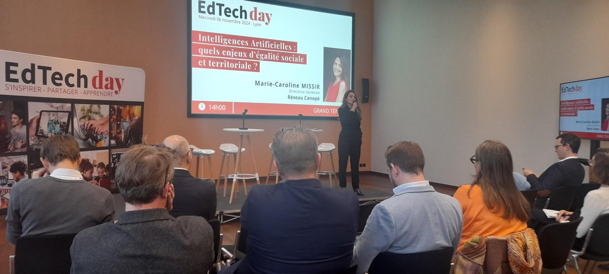 reseau_canope's tweet photo. #EdTechDay Lyon - @McMissir grand témoin du jour sur les enjeux d’égalité sociale avec l’#IA 
« Comment aller vers une éducation sans fracture avec les IA ? On a un enjeu très fort d’éducation et de formation autour de ces technologies, et un enjeu urgent d’égalité des chances. » https://t.co/W4xPwLK0cP