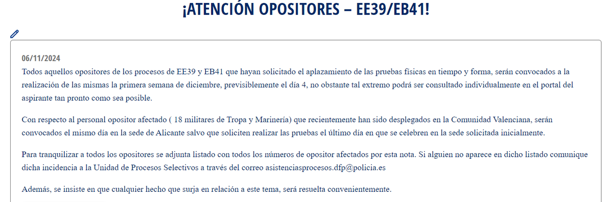 Aviso para los MPTM opositores a <a href="/policia/">Policía Nacional</a>
que recientemente han sido desplegados en la Comunidad Valenciana, toda la información del aviso: ¡ATENCIÓN OPOSITORES – EE39/EB41! policia.es/portalaspirant…