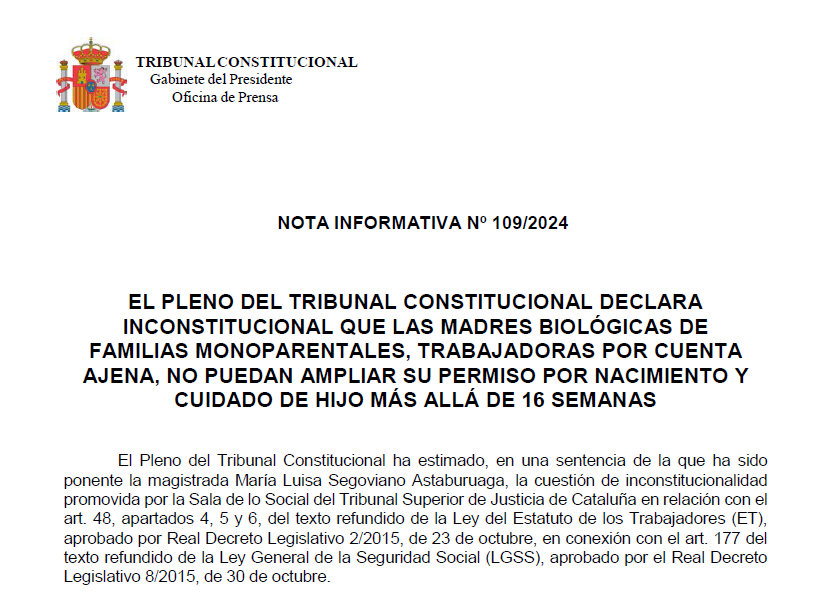 TConstitucionE's tweet image. Nota de prensa | El Pleno del Tribunal Constitucional declara inconstitucional que las madres biológicas de familias monoparentales, trabajadoras por cuenta ajena, no puedan ampliar su permiso por nacimiento y cuidado de hijo más allá de 16 semanas tribunalconstitucional.es/NotasDePrensaD…