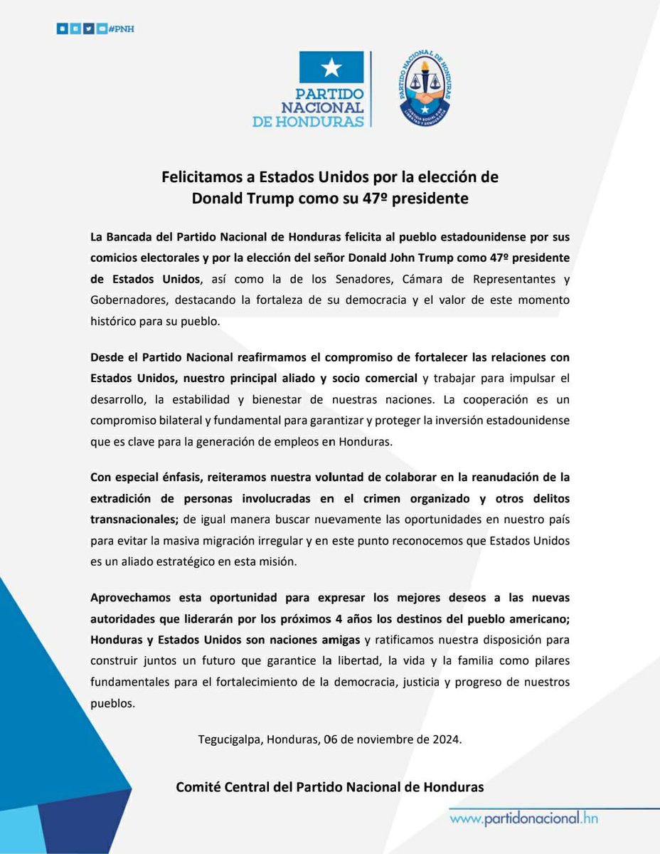 Felicitamos a Estados Unidos por la elección de Donald Trump como su 47° presidente.