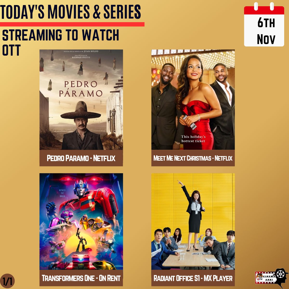 CinemaAbhiHindi's tweet photo. Today's Streaming Releases 👍
1) #PedroParamo on Netflix
2) #MeetMeNextChristmas on Netflix
3) #TransformersOne on Rent
4) #RadiantOffice Season 1 on Amazon Mx Player (Also Tamil & Telugu)
Available in Hindi and English languages. https://t.co/66qPalaatV