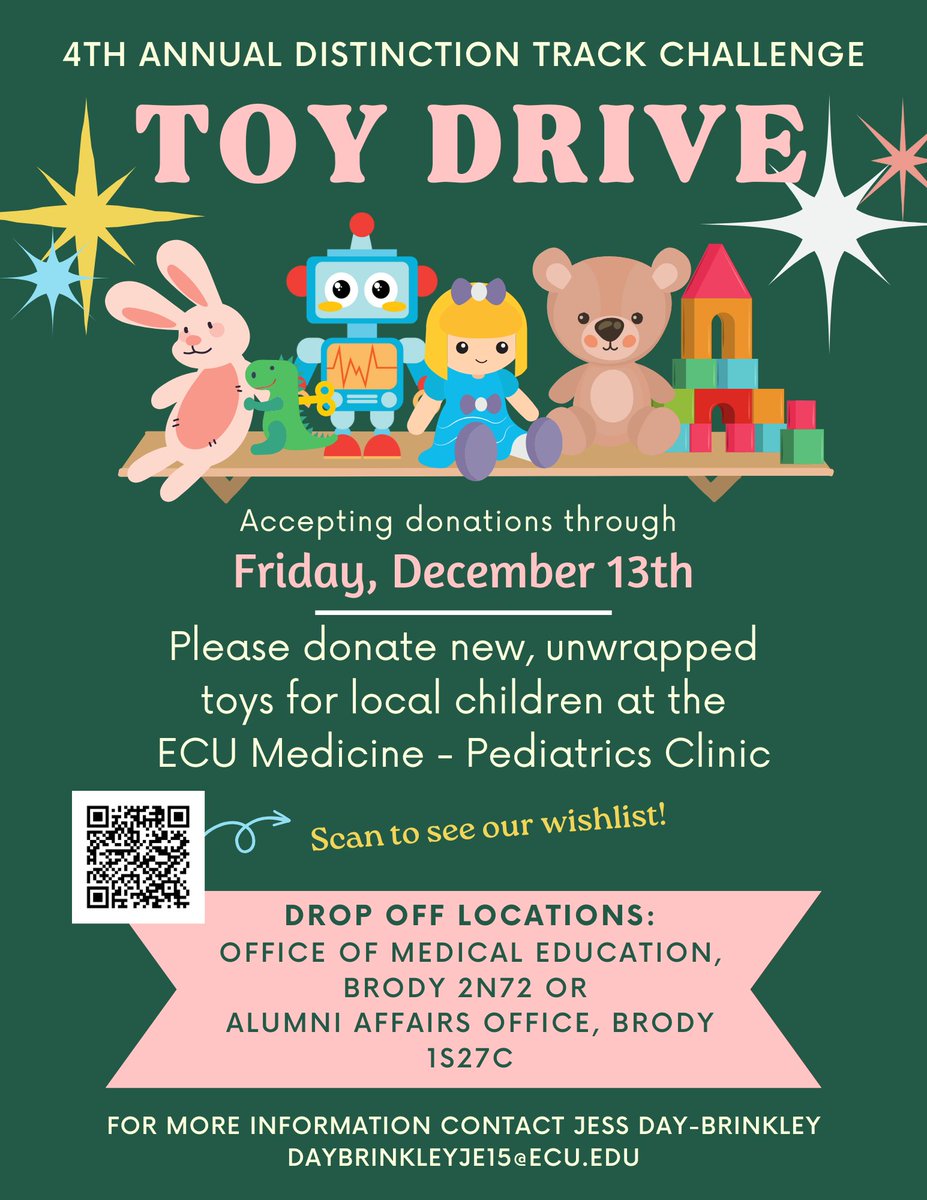 Distinction Track Toy Drive! Please consider donating to support the ECU Med-Peds Clinic and help brighten a child's day! 🧸📷We're kicking off the holiday season a little early with our 4th Annual@ECUBrodySOM
🎁