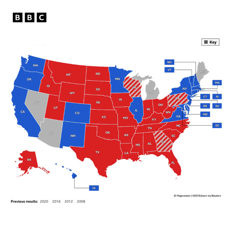 BBCWorld's tweet photo. Explore the US election results state by state with our interactive map ⬇️