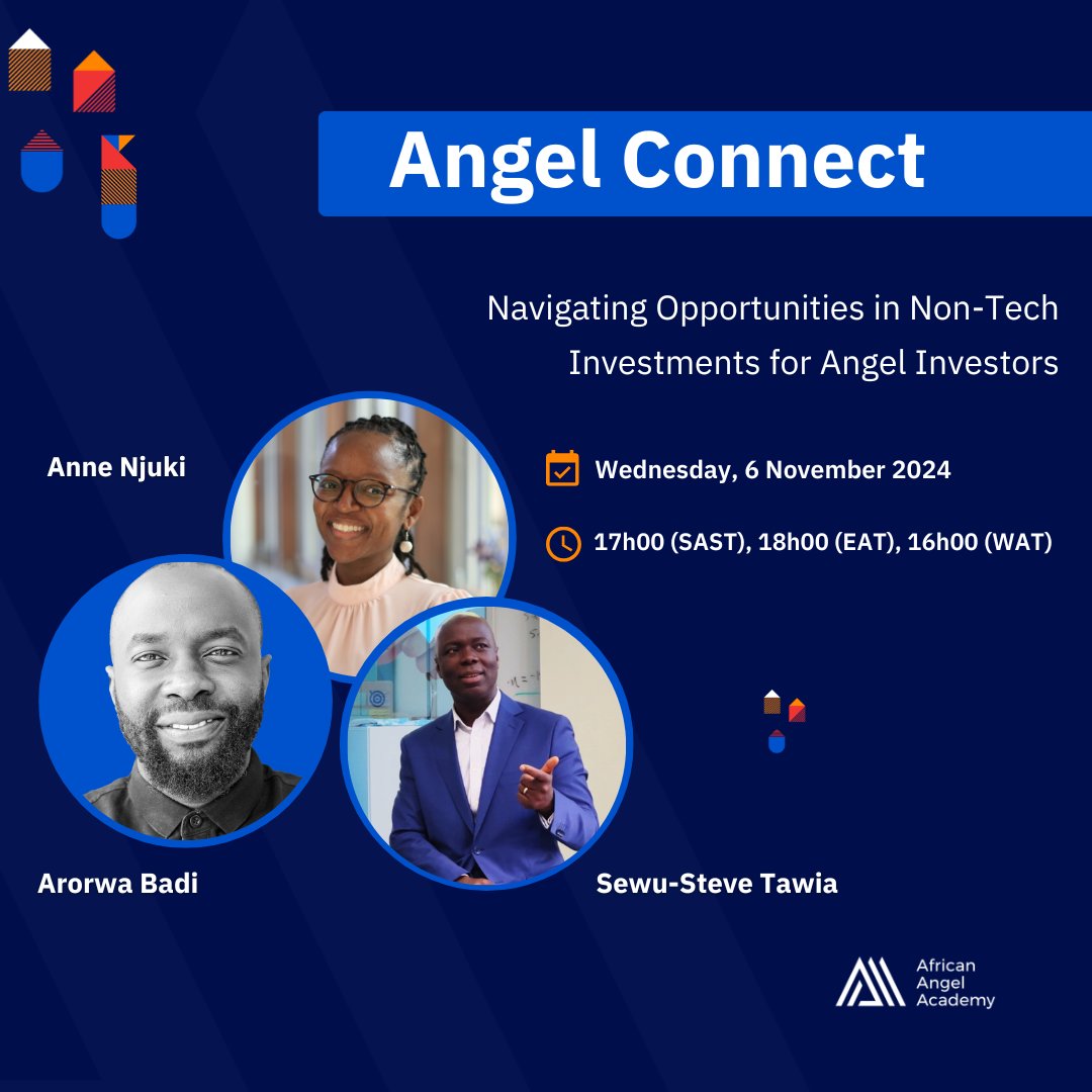 Join today Us for an Insightful Panel discussion: "Navigating Opportunities in Non-Tech Investments for Angel Investors" 🌟
📅 Date: Wednesday, 6th November 2024
📍 Location: Online (Zoom)
🕛 Time: 18h00 (EAT), 17h00 (SAST), 16h00 (WAT)
🔗 Register here: bit.ly/3UubXzZ